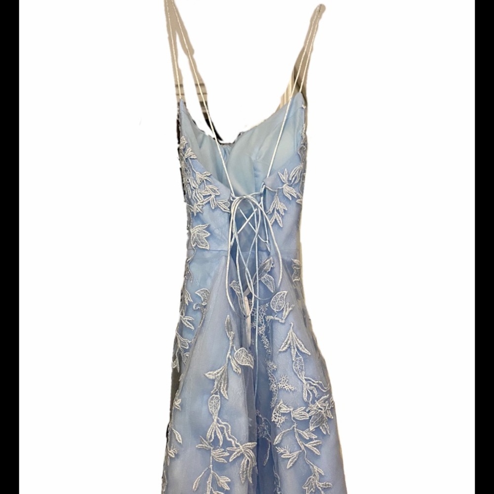 Zapaka homecoming lace mini dress in light blue, ribbon tie in back, white lace